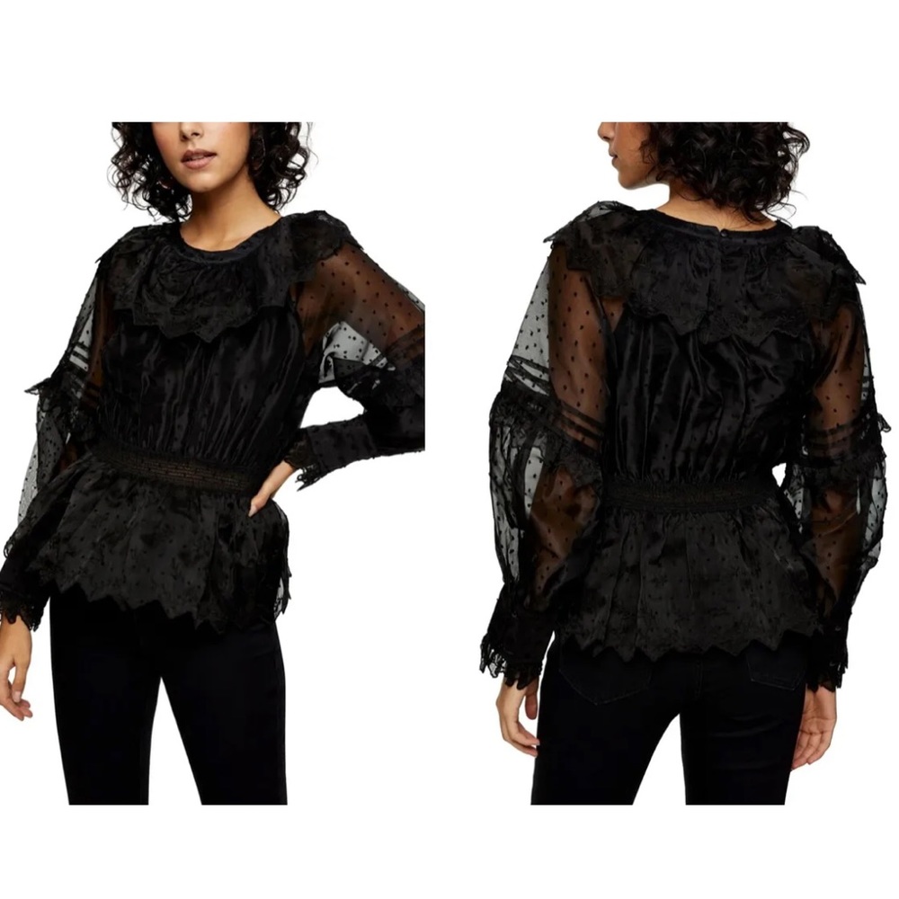 Topshop Dobby Shirred Waist Women's Long Sleeve Blouse Black Size 2 New - Picture 1 of 9